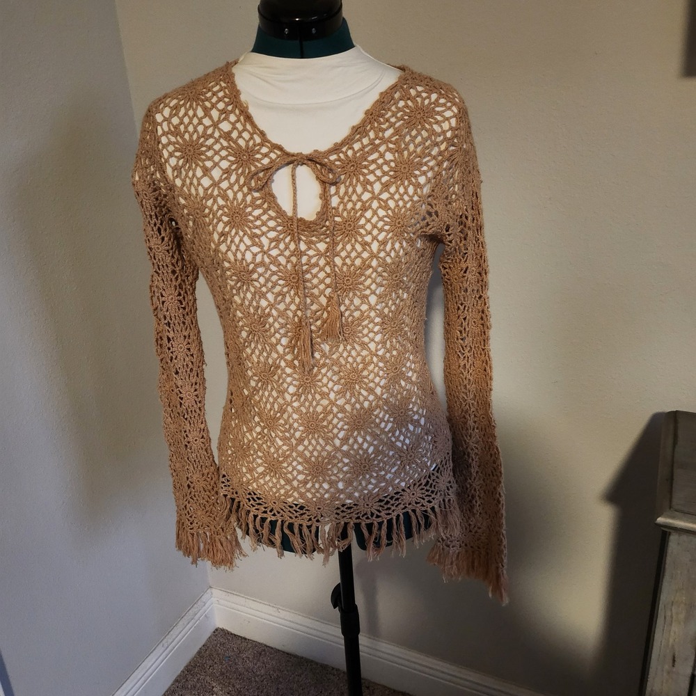Express Handknit Womens Lace / Crochet Sweater Tan Boho Cottagecore Size Medium